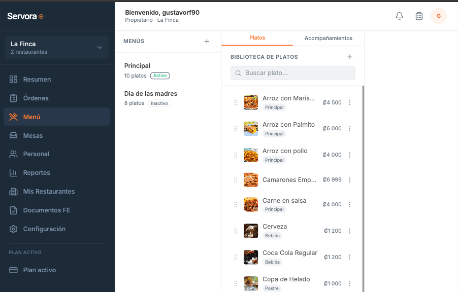 Gestión de menú digital en Servora